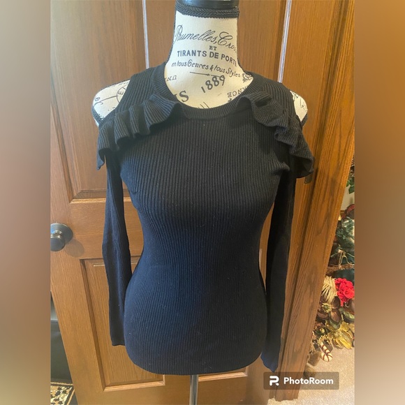Pink Rose Black Ribbed Cold Shoulder Sweater - Picture 1 of 4